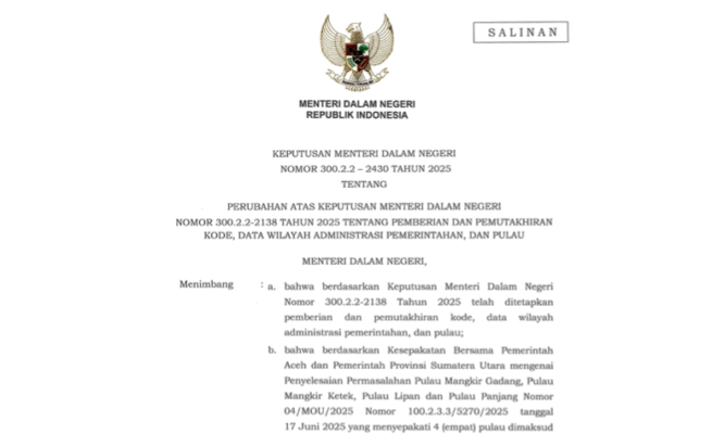 SK Baru Terbit, Empat Pulau Resmi Keluar dari Sumut dan Masuk ke Aceh