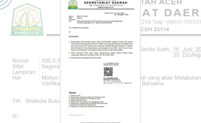 Pemerintah Aceh Turunkan Tim Verifikasi Izin PT MSB Subulussalam, Dugaan Pelanggaran Disorot