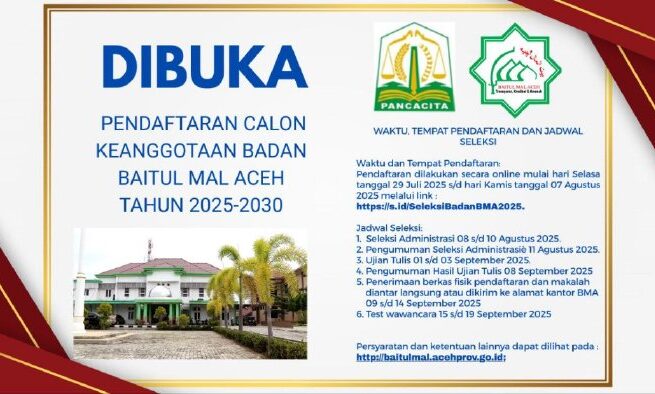 Baitul Mal Aceh Buka Pendaftaran Calon Anggota 2025–2030, Ini Syarat Lengkapnya