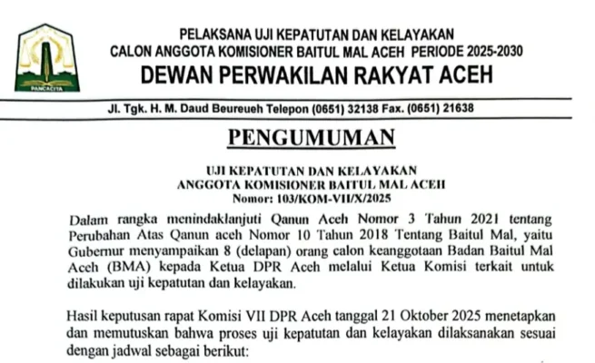 Delapan Calon Anggota Baitul Mal Aceh Akan Jalani Fit and Proper Test di Komisi VII DPRA
