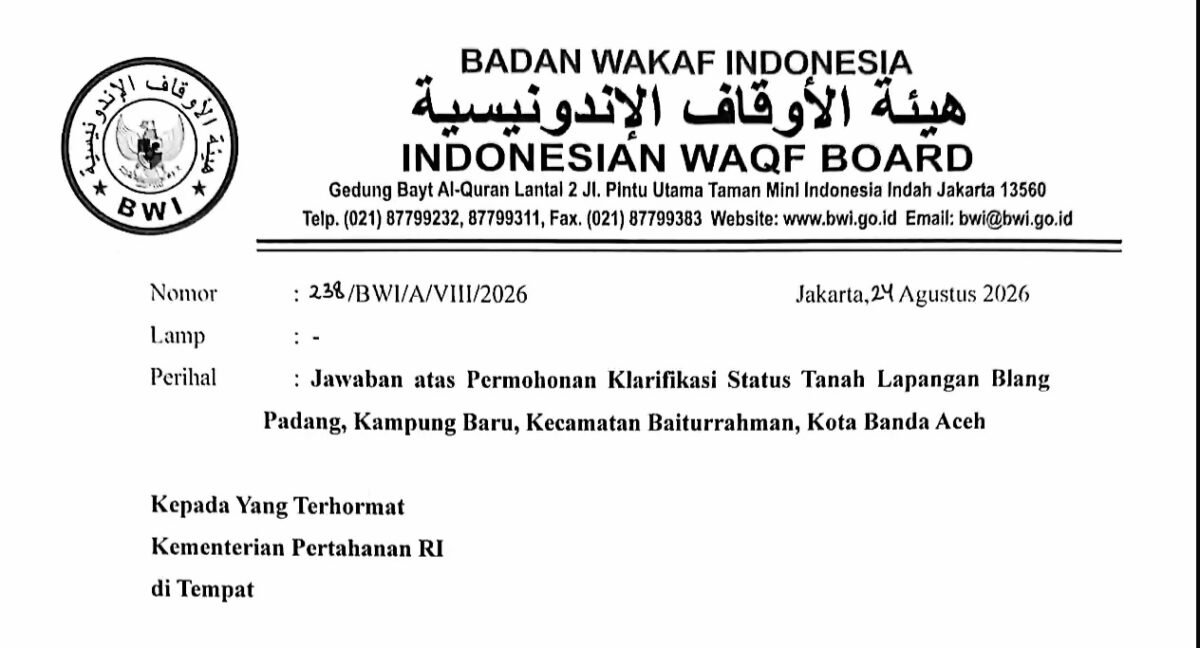 BWI Putuskan Blang Padang Tanah Wakaf Sultan Iskandar Muda untuk Masjid Raya Baiturrahman